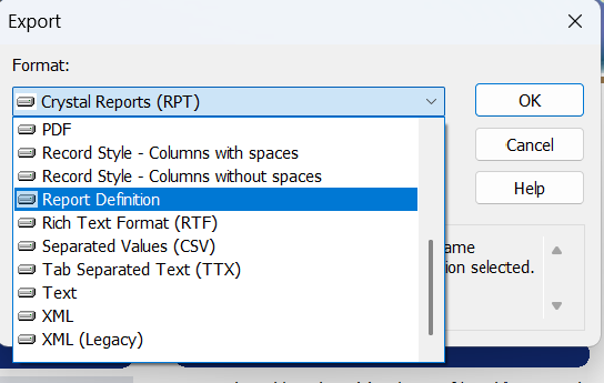 Crystal Reports Export Format list with Report Definition selected