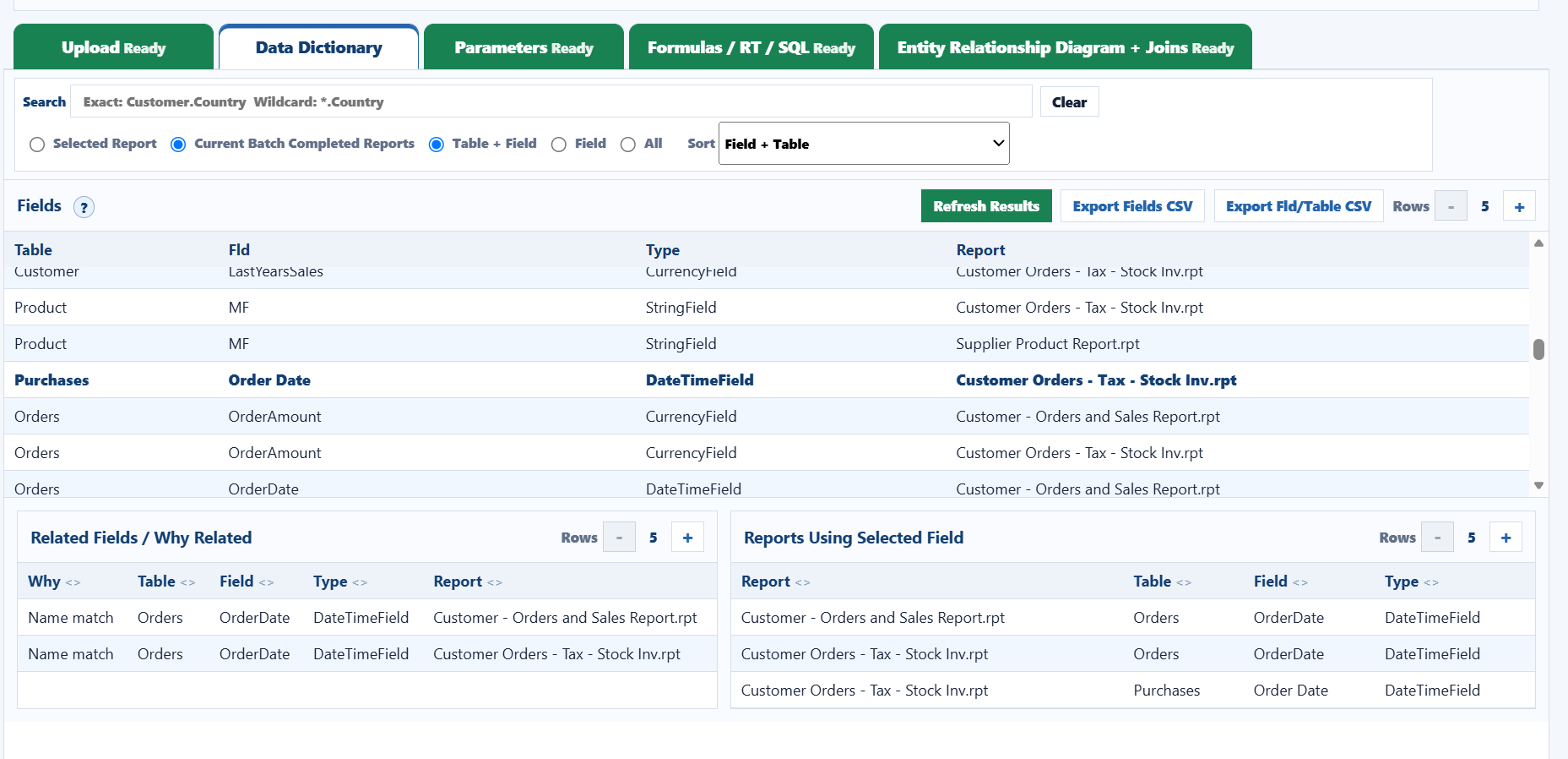 CRAnalyzer Data Dictionary sort, search, related fields, and reports using selected field