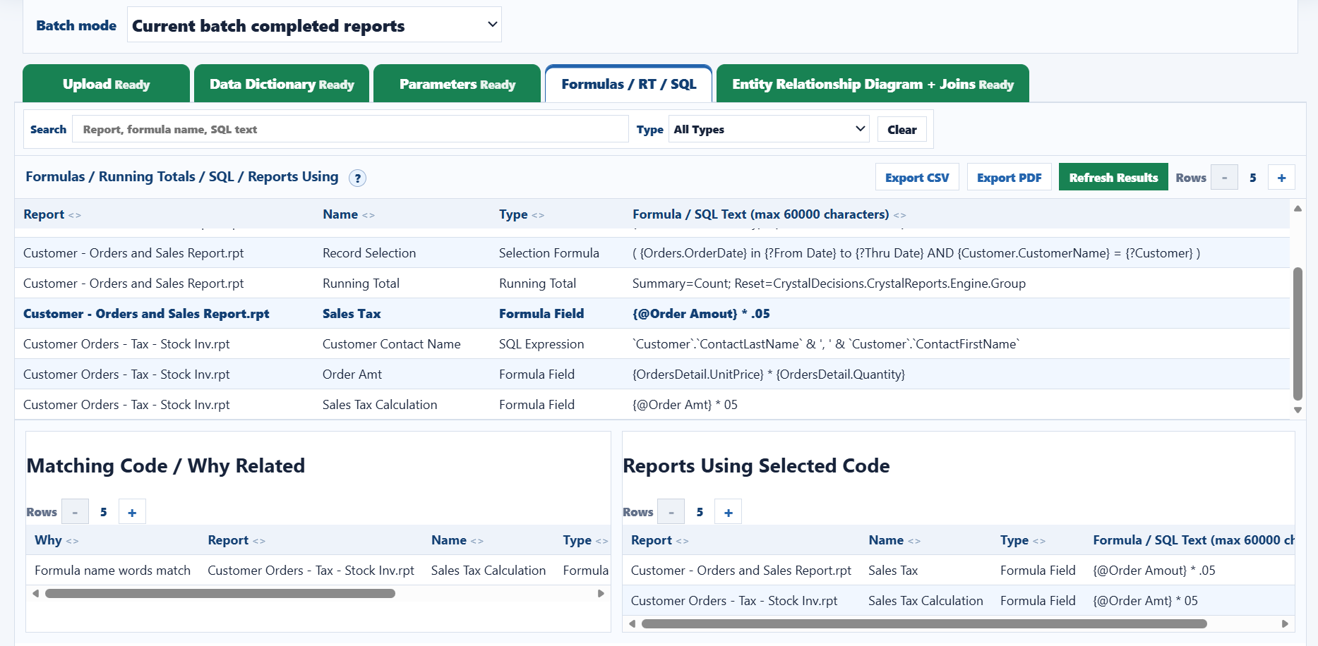 CRAnalyzer formulas running totals SQL tab with matching code and reports using selected code