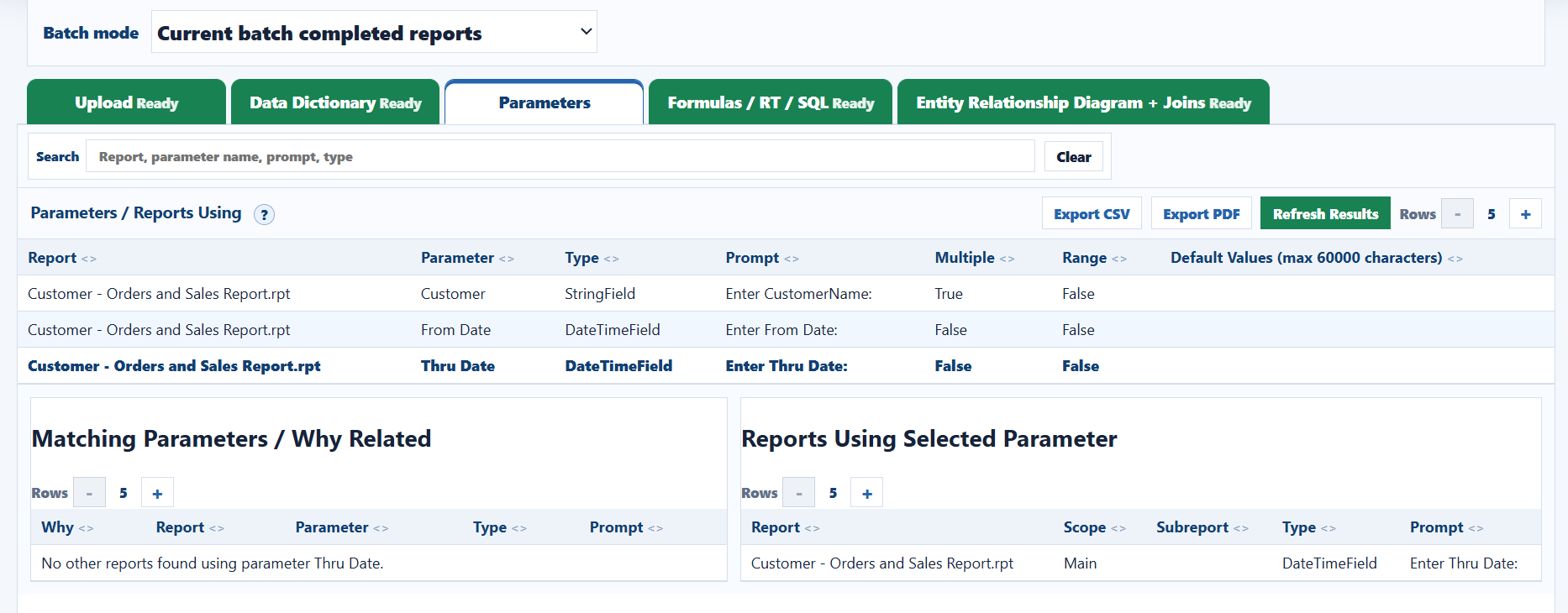 CRAnalyzer Parameters tab with matching parameters and reports using selected parameter